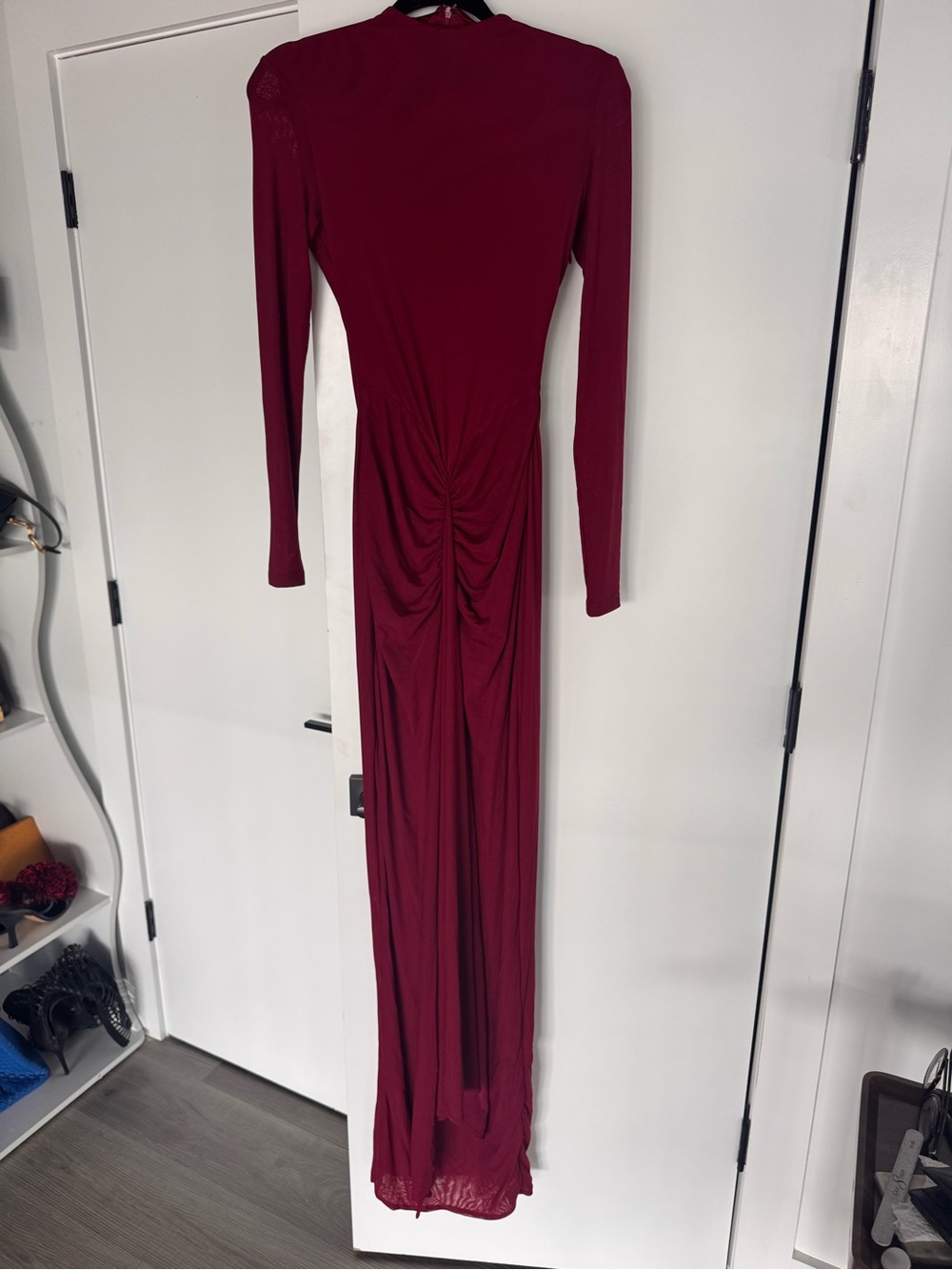 BBX BRAND Elegant Long Sleeve Ruched Maxi Dress - Wine